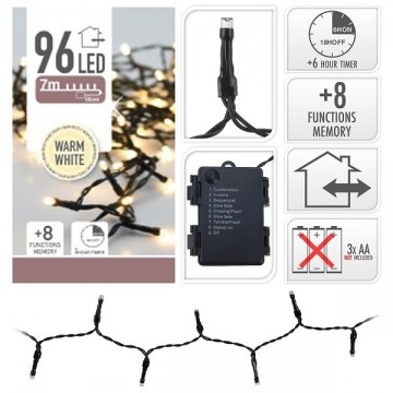 Kerstverlichting led met timer 96 l 7 mtr warm wit 3 x aa